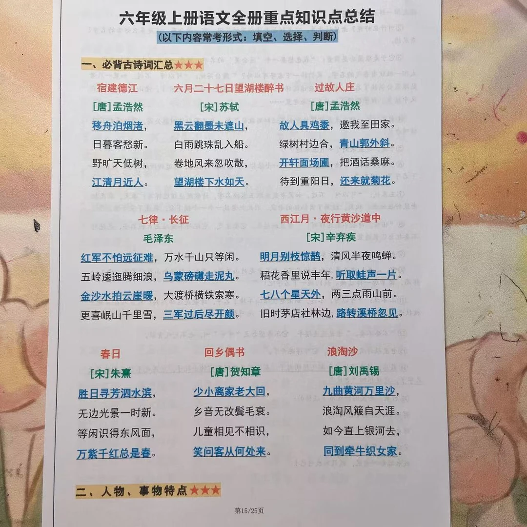 2025秋季新版六年级语文上册必背知识点汇总