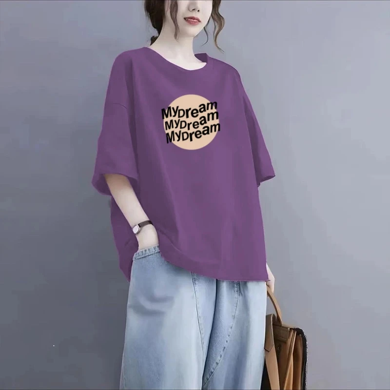 夏装短袖女宽松大码t恤新款休闲女士显瘦印花圆领半袖纯棉上衣