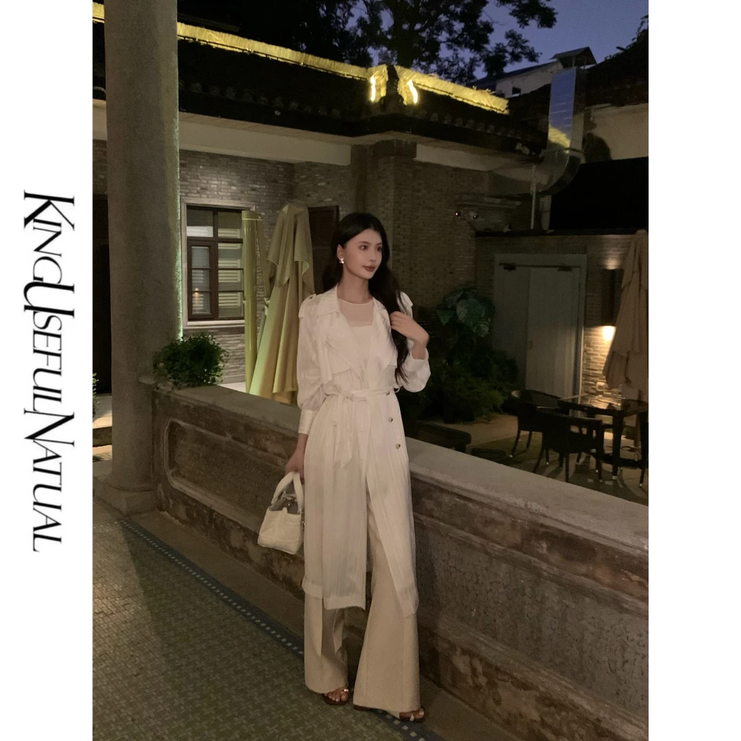 KUN【美神】气场女主 条纹肌理双排扣气质炸街长款白色女风衣外套