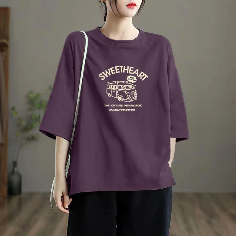 法芬图紫色纯棉大码宽松T恤女七分袖夏季胖mm中袖穿搭休闲上衣服