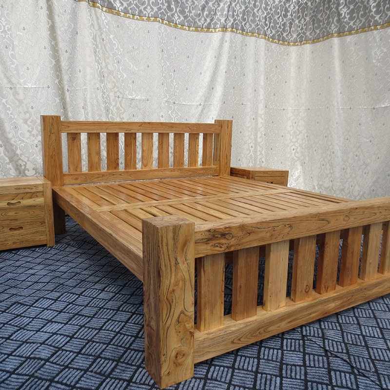 实木床双人床纯老榆木简约储物主卧1.8米床原木榫卯1.5米床架