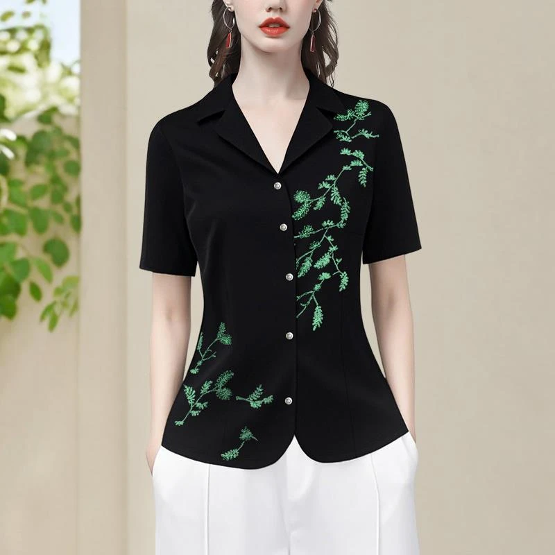 衬衫女短袖时尚百搭夏季上衣气质v领针织衫绣花设计感T恤SD256161