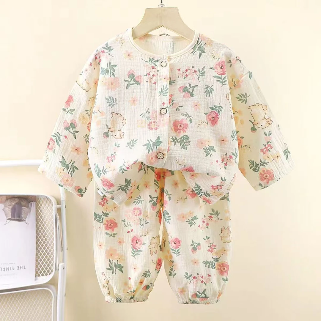 儿童纯棉纱布睡衣春夏棉纱家居服男女童百搭韩版两件套宝宝空调服