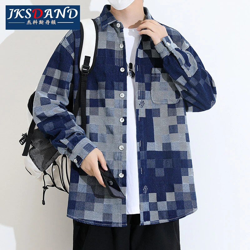 Jiekesi·dandun美式格子衬衫男春秋季新款休闲宽松外套男帅气港风