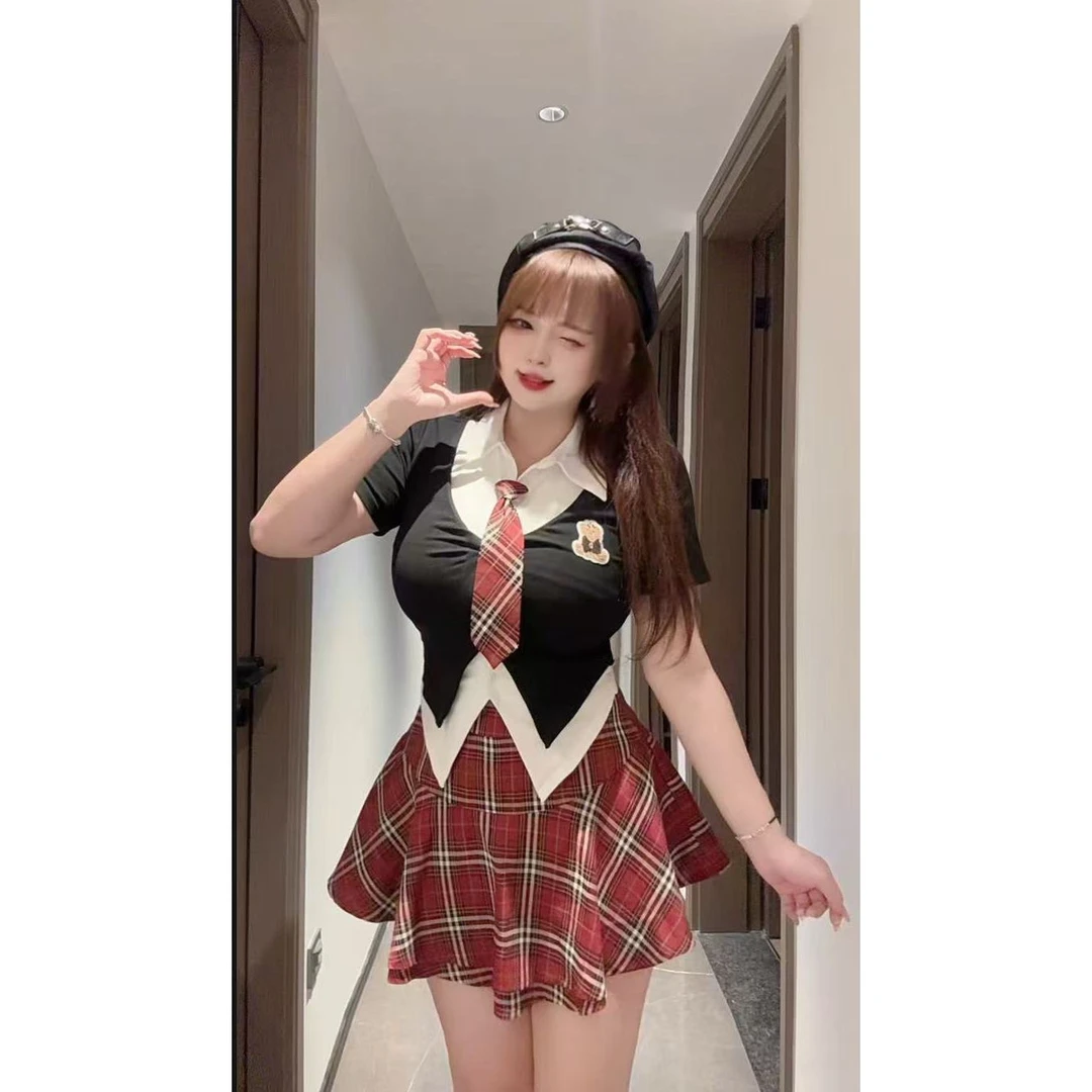 【清清】胖MM韩系学院风套装女夏季设计感假两件上衣高腰jk短裙