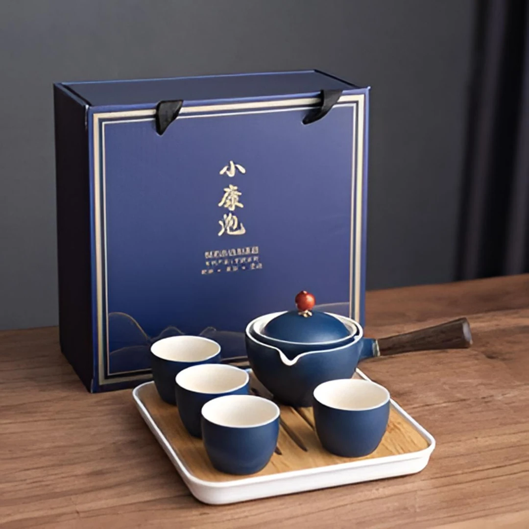 陶瓷宝蓝小康泡旅行套装便携茶壶自动旋转泡茶神器 xkpcbzdpcqbsl