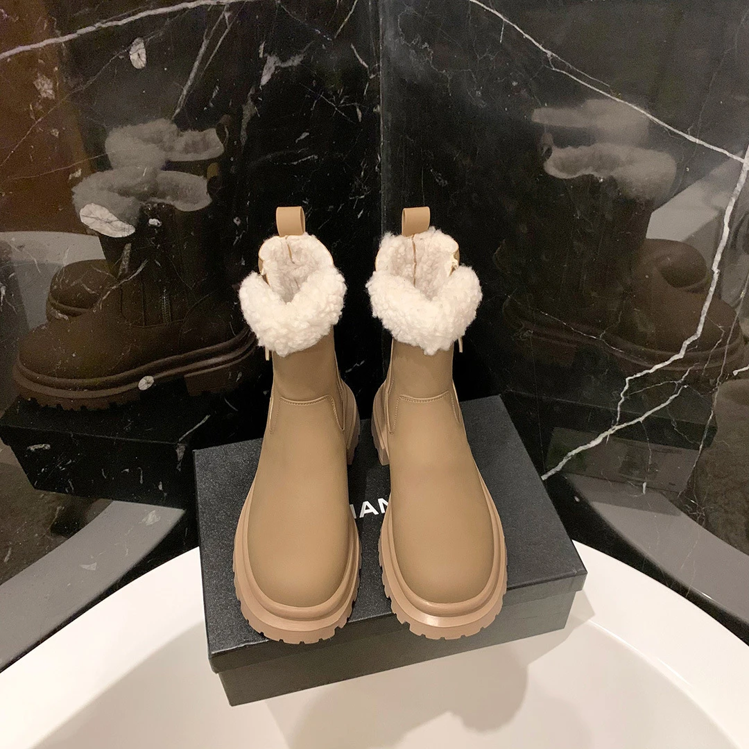 葡萄妈同款 冬日夜巴黎~厚底侧拉链加绒加厚毛毛短靴女雪地马丁靴