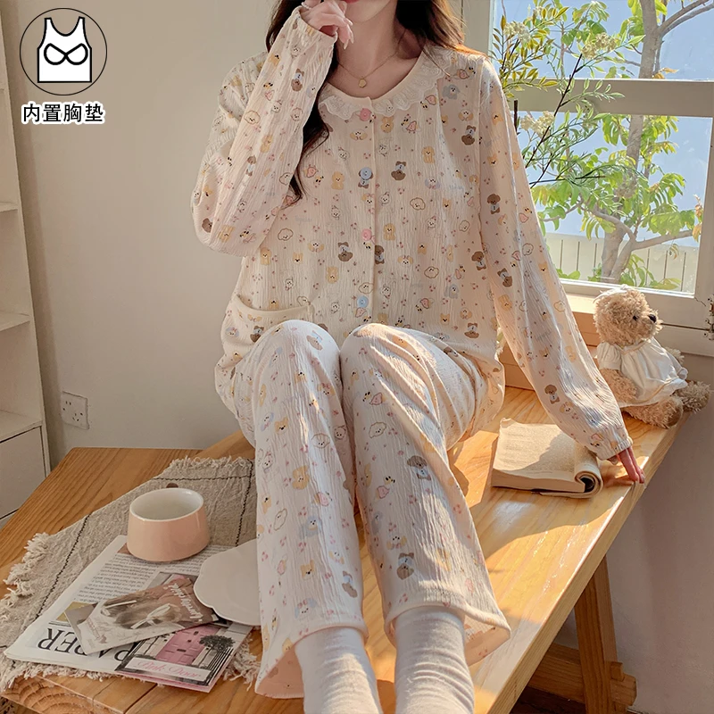 【带胸垫春夏薄款皱皱棉纱】月子服产后产妇孕妇哺乳睡衣宽松透气