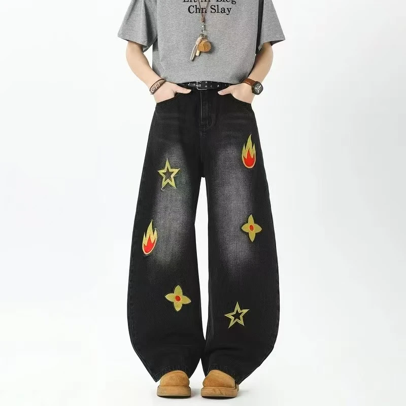 夏季刺绣牛仔裤男生潮流百搭宽松直筒牛仔长裤薄款休闲裤AG-0006