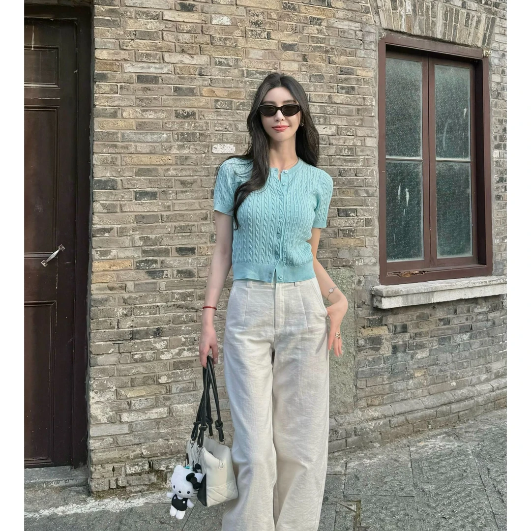 菠萝宝宝yuna【珐财】莱赛尔桑蚕丝加棉麻花绞花POLO开衫针织衫YF7