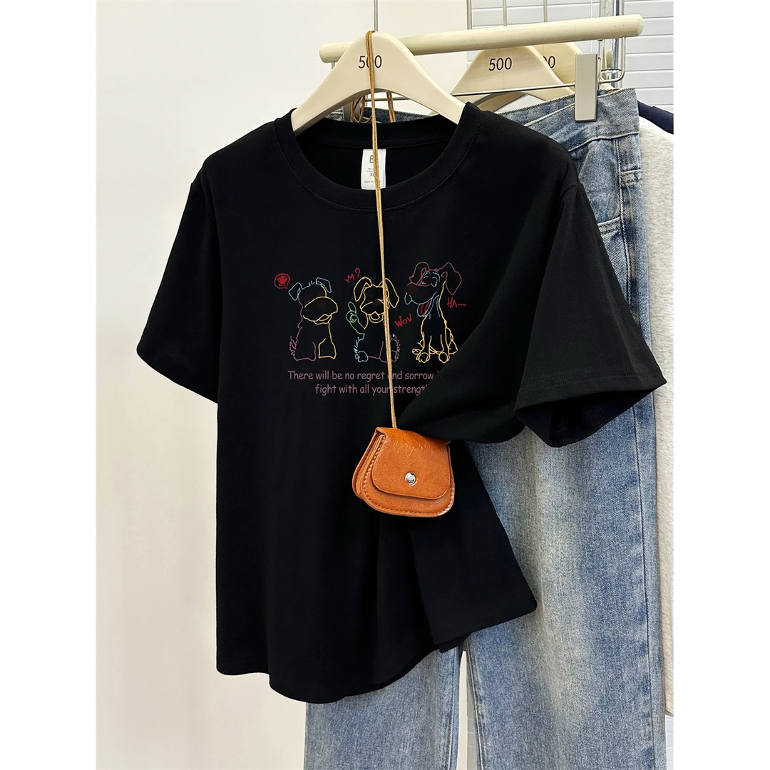 大码正肩短袖t恤女夏季胖mm遮肚设计感线条小狗印花洋气圆领上衣