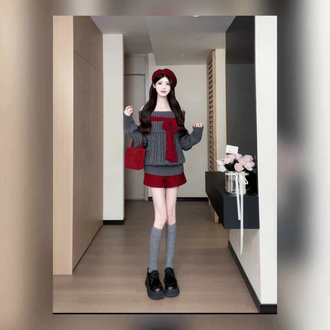 松本丧丧灰调绞花毛衣酒红飘带同色系高腰毛呢短裤套装B254Z0067