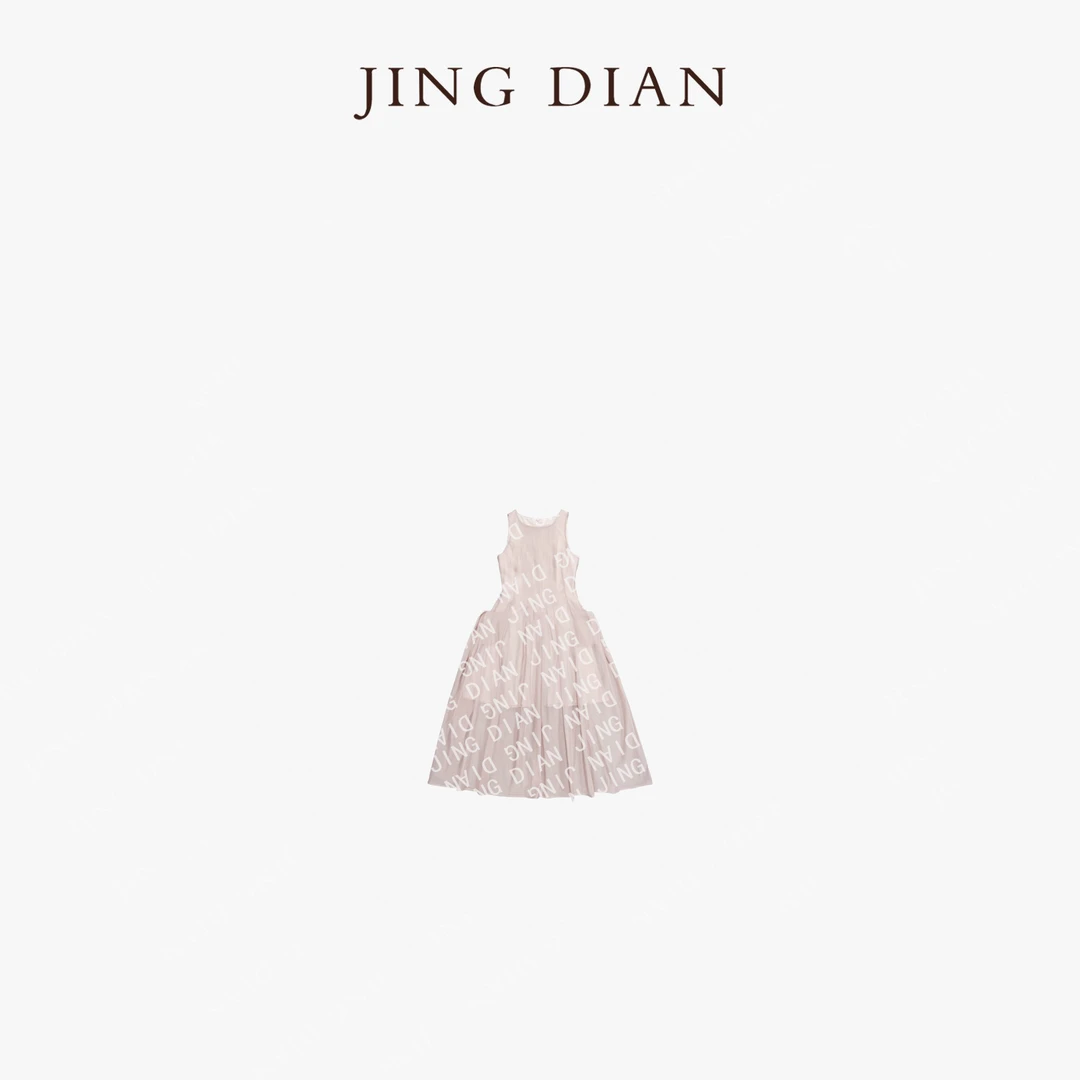 【JINGDIAN】小众定制款藕粉色褶皱无袖背心连衣裙 设计师气质甜美