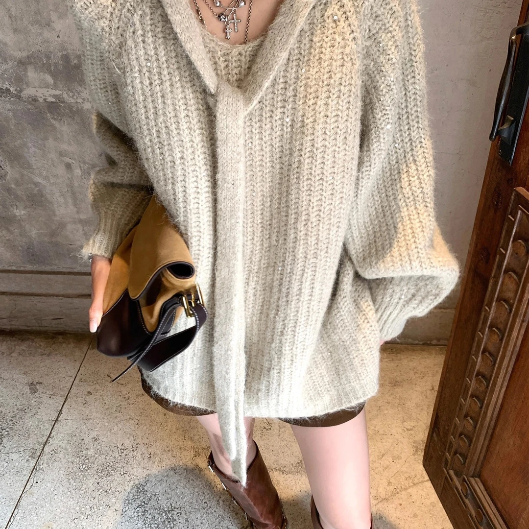 飘带闪片棒针新款慵懒风加厚粗针宽松显瘦上衣廓形毛衣