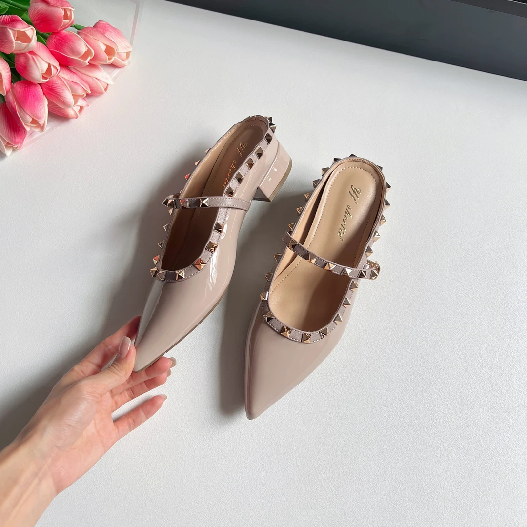 欧美风包头拖漆皮浅口平跟春季尖头包头平底鞋内增高铆钉秋季女鞋