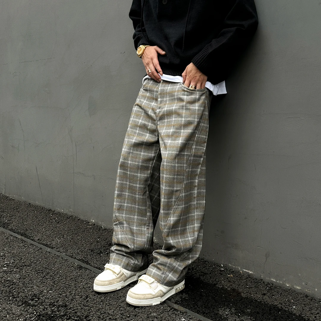 【UNAPS】秋冬美式cleanfit格子裤男女格纹松紧腰宽松直筒休闲裤子