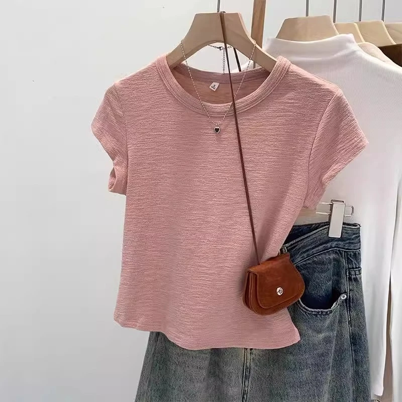 圆领短袖T恤女2025夏季新款韩系正肩小众设计感肌理面料短款上衣