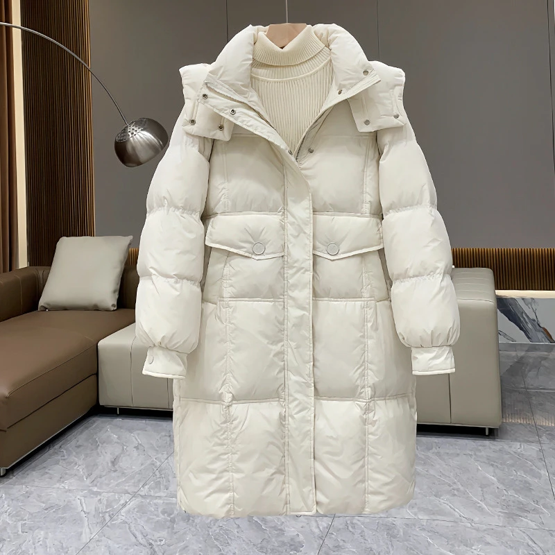 反季白色女中长款2025冬季宽松显瘦时尚连帽加厚平湖羽绒服