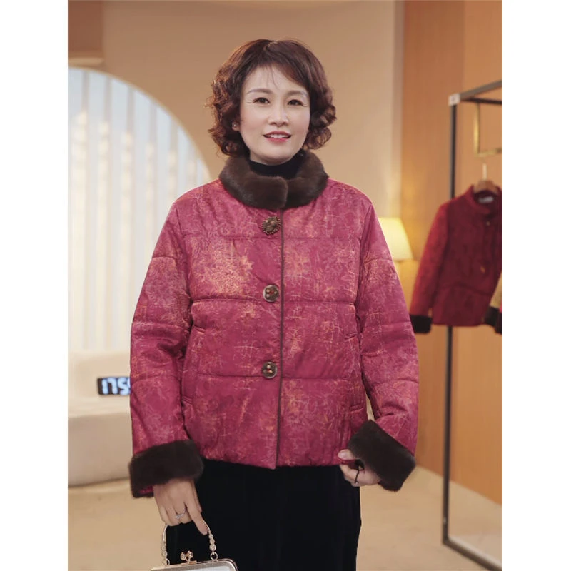 妈妈装冬季立领绵羊毛外套中老年女提花加厚棉服加绒保暖棉衣8456