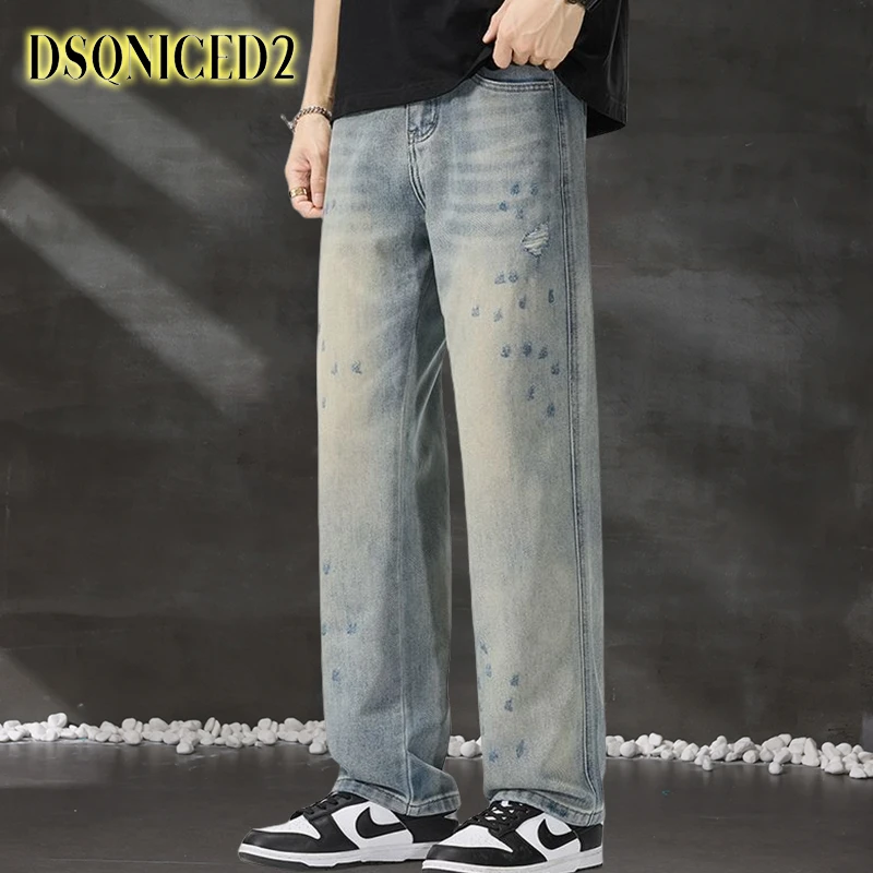 DSQNICED2夏季破洞男牛仔裤宽松直筒休闲喷马骝复古做旧水洗裤子