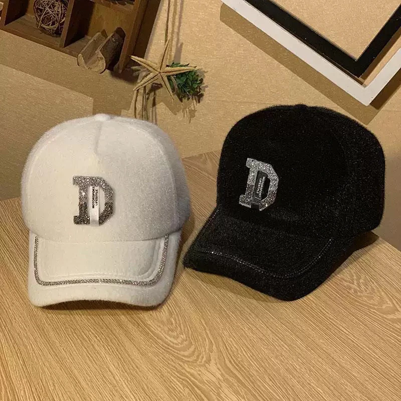 冬季水钻鸭舌帽女棒球帽字母D女士百搭ins秋冬季