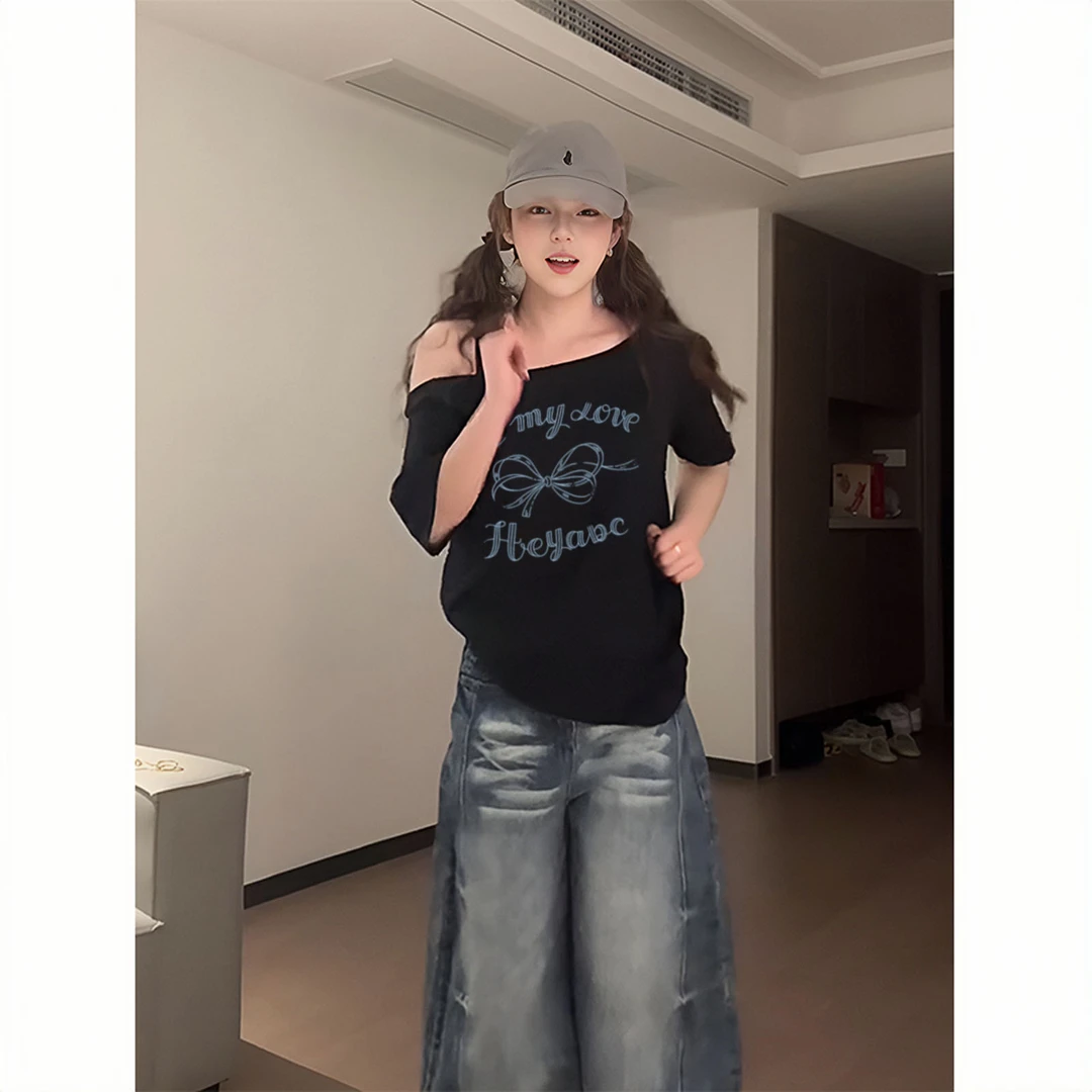 新款夏季时尚辣妹穿搭显瘦短袖t恤女复古宽松斜肩上衣洋气衣服女