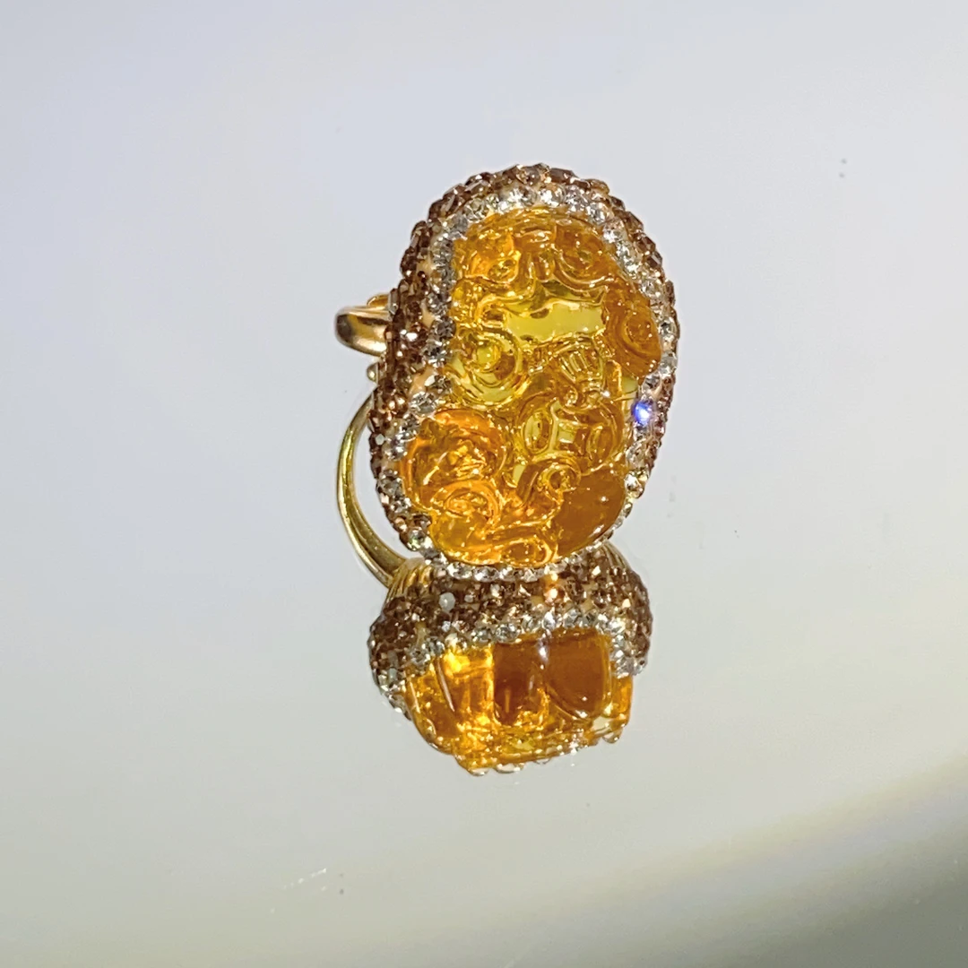 铜合金合成锆石戒指 TTSD 黄色施华洛精雕貔貅镶嵌国风戒指3778