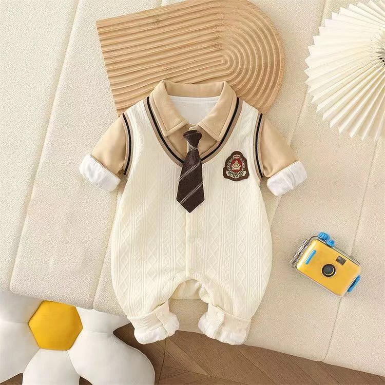 新款春秋宝宝连体衣绅士哈衣男宝宝外出服周岁满月宴外出连体衣