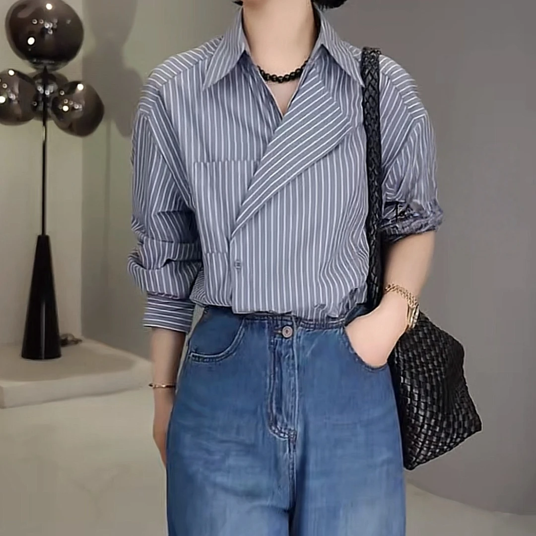 西装领条纹气质宽松衬衫2025夏季新款宽松休闲百搭气质通勤上衣