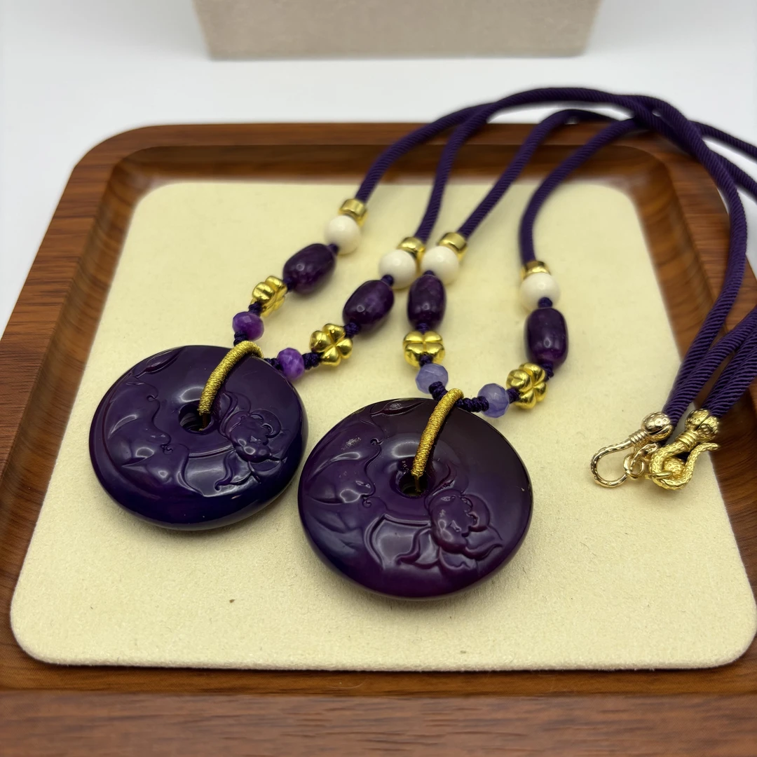 非金属珐琅项链 紫色平安扣雕刻吊坠项链  E185