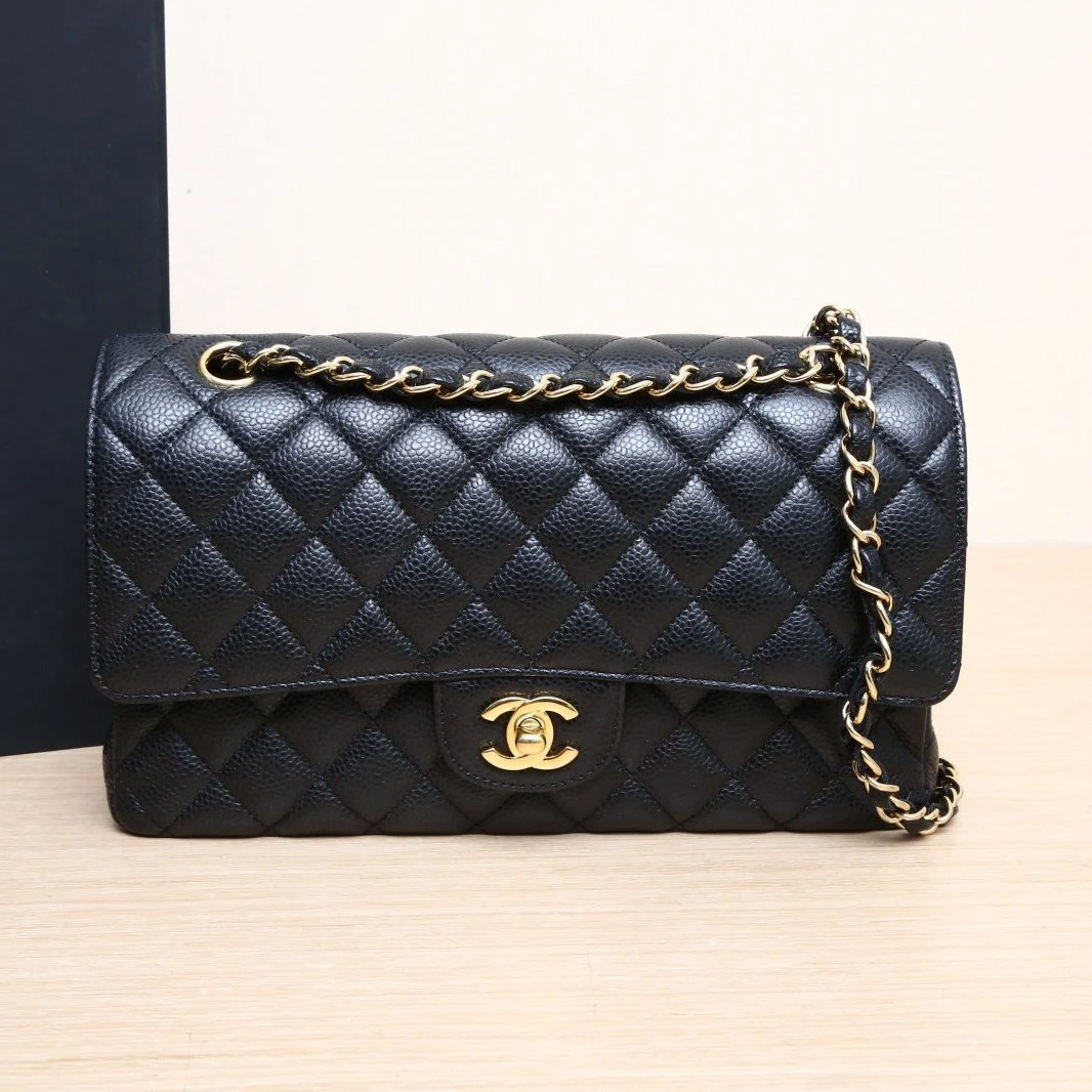 95新 Chanel/香奈儿 小花黑黑 CF 口盖包 中号 24开 金扣