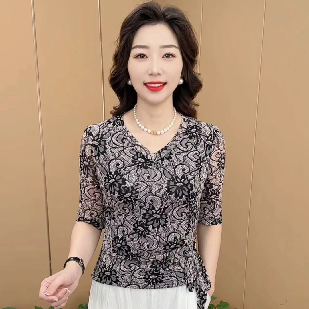 早秋新款时尚V领系带设计洋气妈妈装显瘦百搭减龄女士打底衫K681