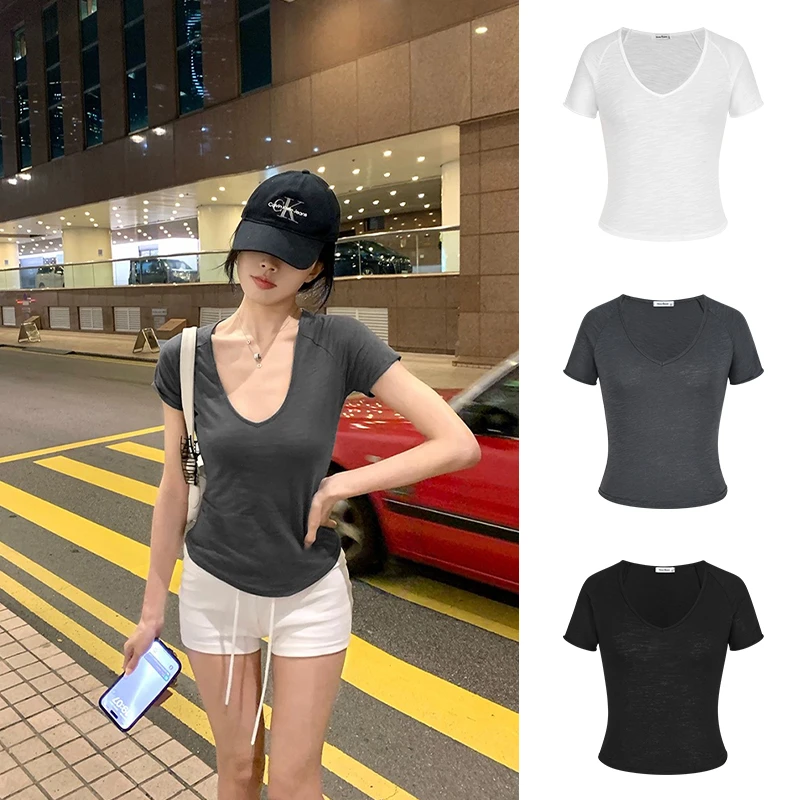 Moses Queen/魔西女王低领露锁骨正肩短袖T恤休闲舒适收腰上衣