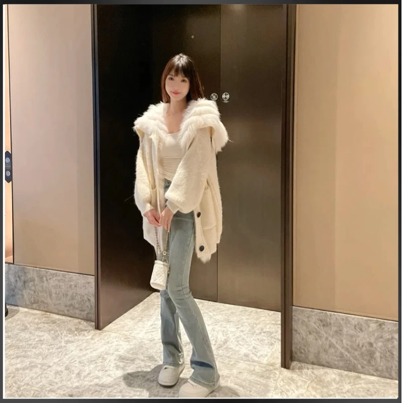 秋冬新款狐狸毛领针织开衫外套慵懒风高级年轻款中长款女毛衣