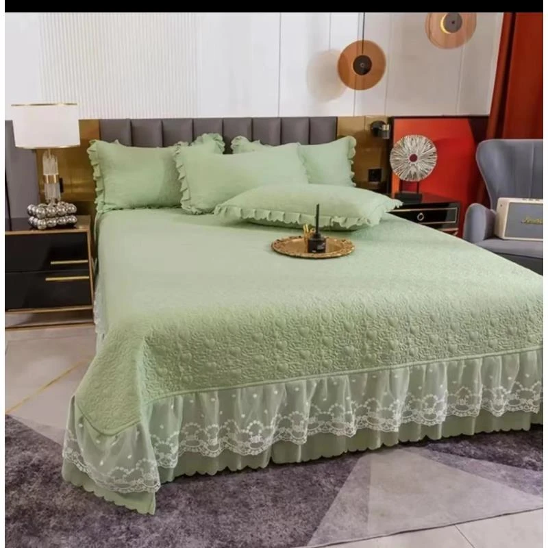 泡泡棉大花边床盖《抹茶绿》四季纯色韩式不滑床