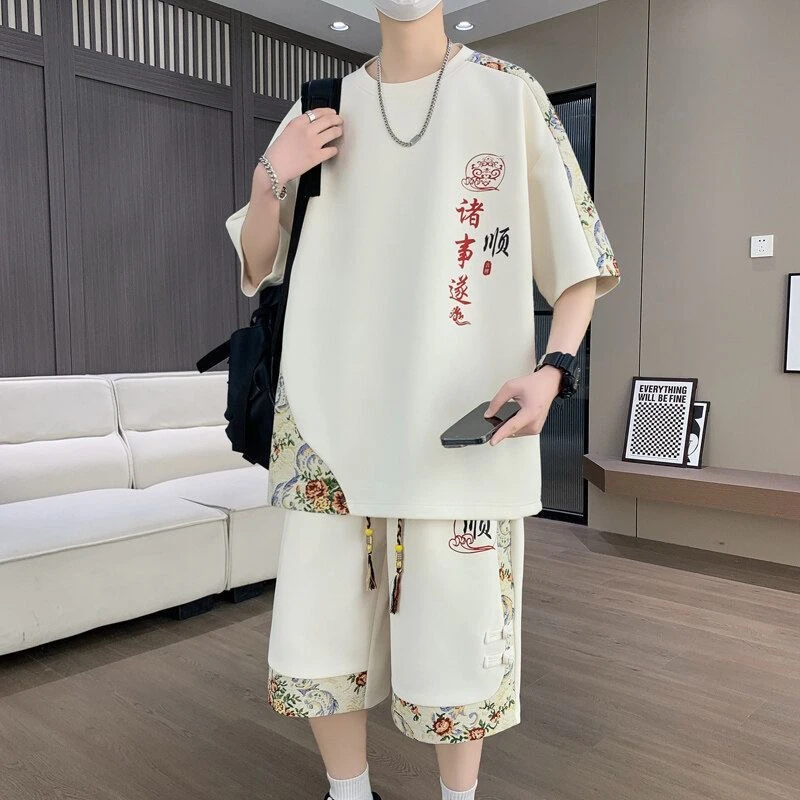 夏季爆款潮牌新中式国潮风短袖T恤套装男装休闲运动服短裤两件套