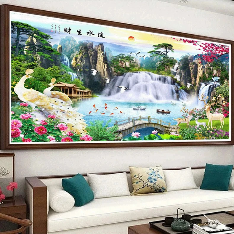 1.9中格纯手工绣好的十字绣成品0724/1081白玉孔雀流水生财装饰画