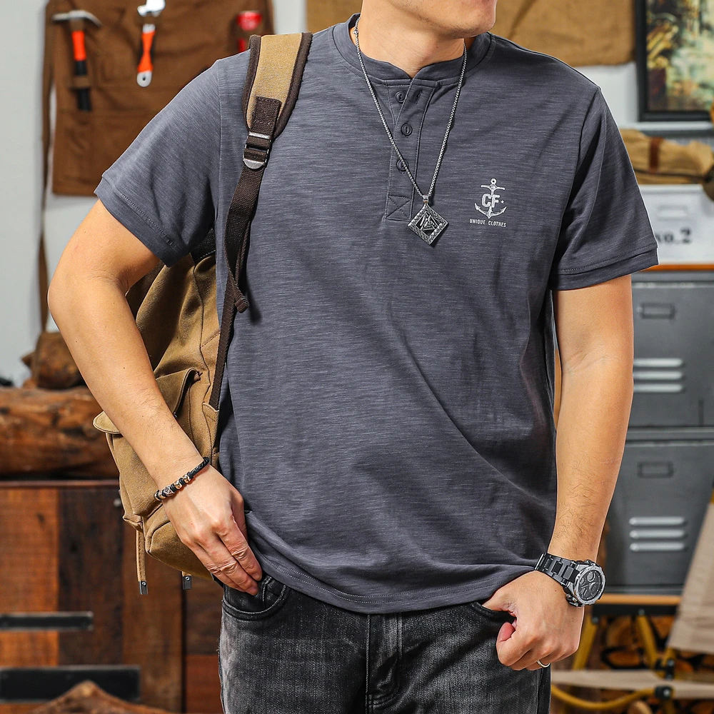 重磅竹节棉美式健身亨利领t恤船锚印花新款今年流行爆款短袖男