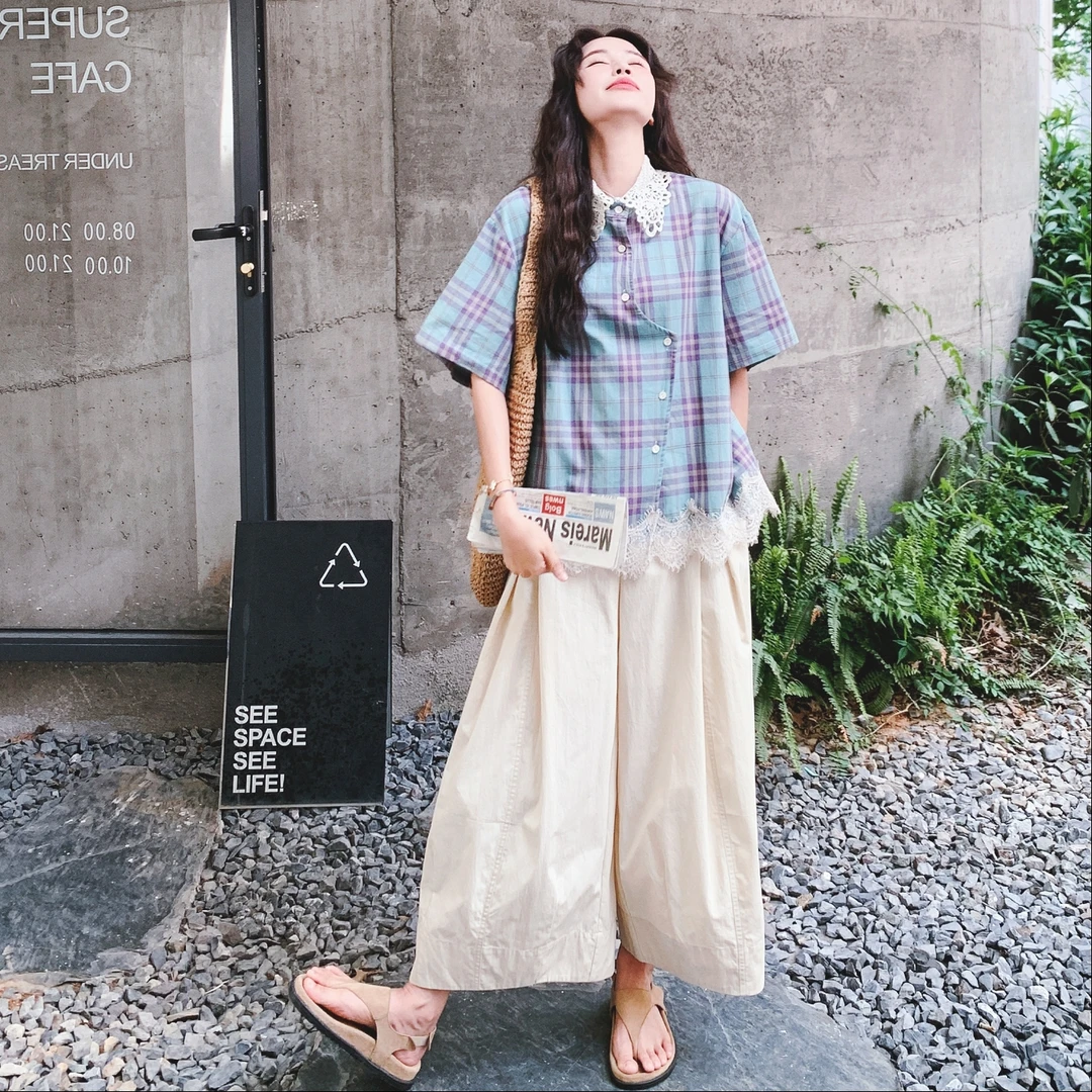 减龄蕾丝花边格子衬衣阔腿裤套装女夏季显瘦两件套轻熟小众不撞款