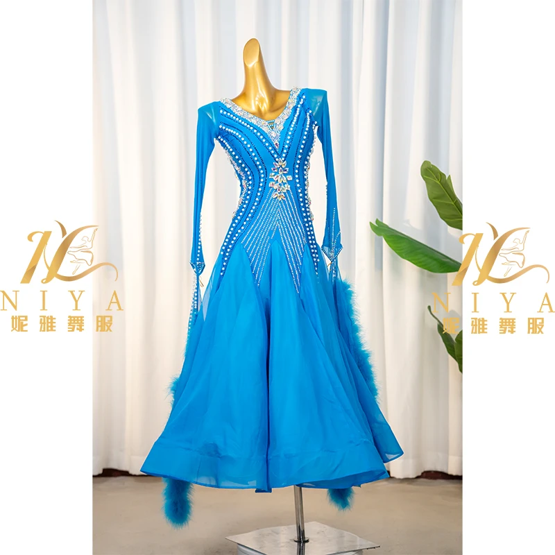 摩登舞比赛表演高级定制交谊舞高档连衣裙大飘纱大裙摆蓝色演出服