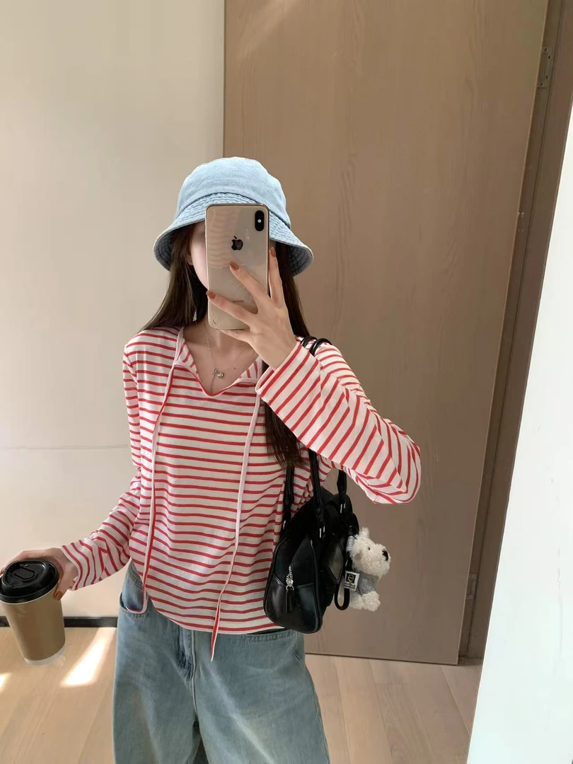 韩11韩风双色条纹T恤休闲慵懒百搭长袖薄款上衣-850062