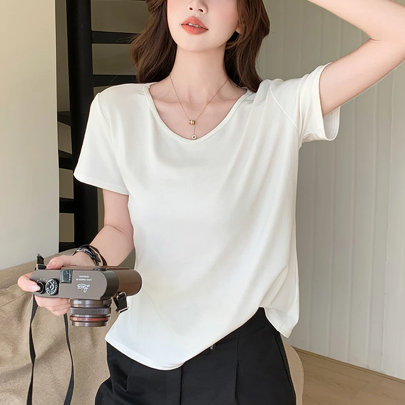 醉梓菡白色正肩V领短袖t恤女2025夏季新款韩版慵懒风宽松休闲上衣