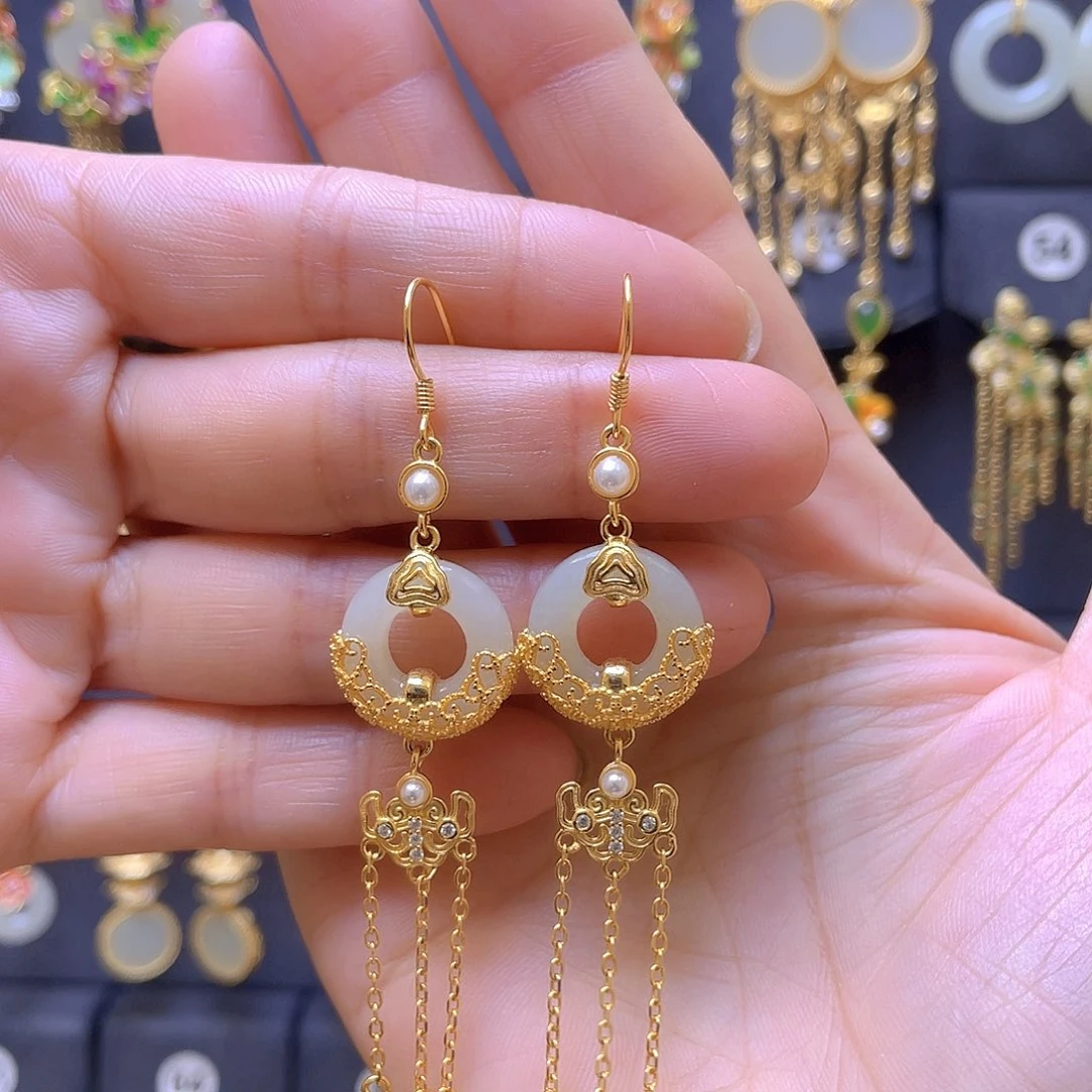 和田玉银S925镀金镶嵌耳饰