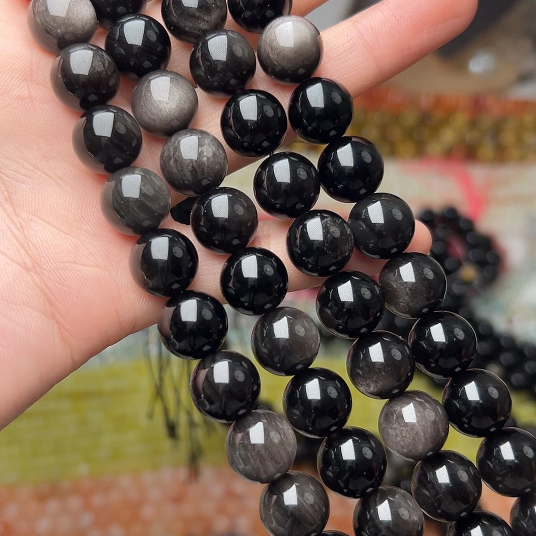玛瑙/玉髓合金珠宝半成品Y404。12.3mm天然银曜石圆珠一条