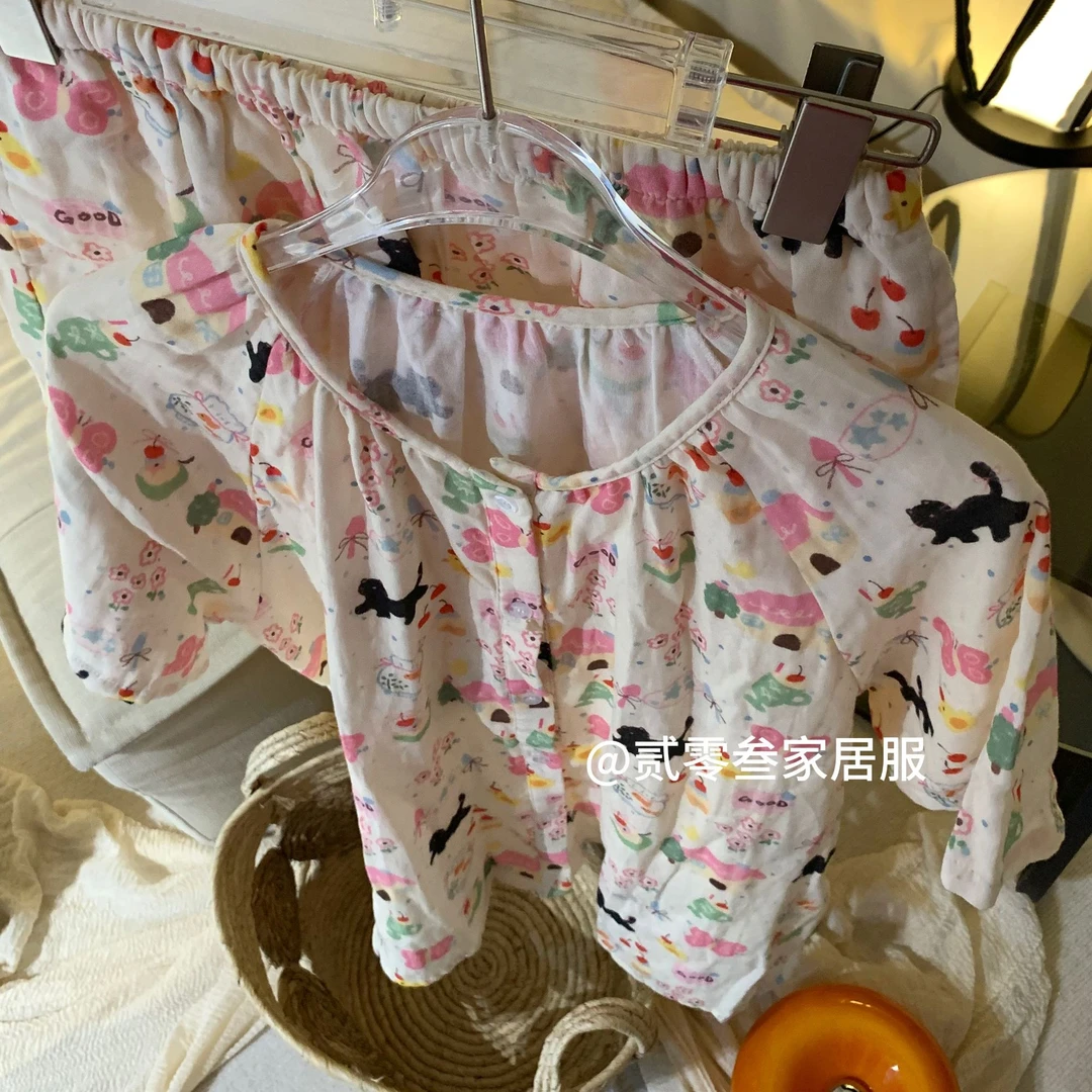 原创泡泡棉蝴蝶小黑猫韩系短袖睡衣套装家居服学生夏季睡裙可外穿