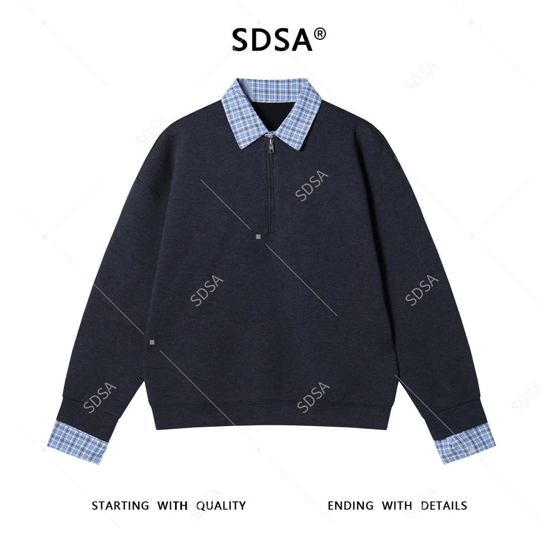 SDSA男士秋冬新款痞帅男装潮牌痞帅格子拼接半拉链翻领假两件卫衣