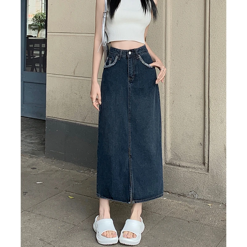 高腰大码牛仔半身裙夏季开叉遮跨显瘦胖mm开叉a字裙KX88556