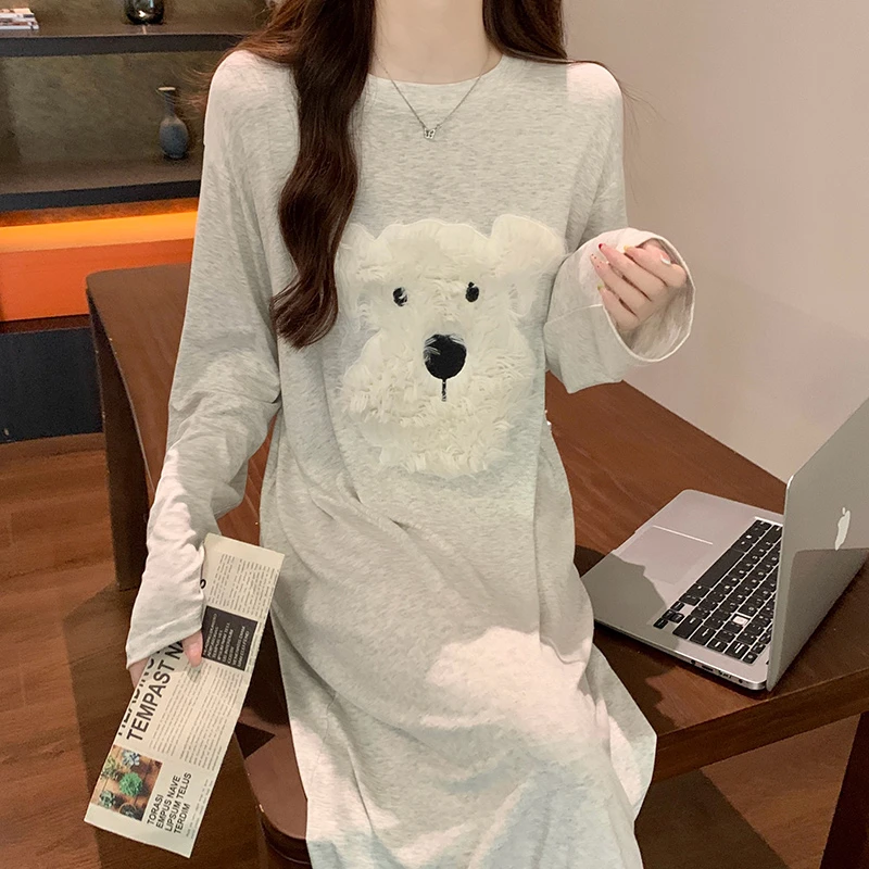 秋冬睡裙女款春秋季设计感毛绒狗狗ins风长袖白灰性感中长款睡衣