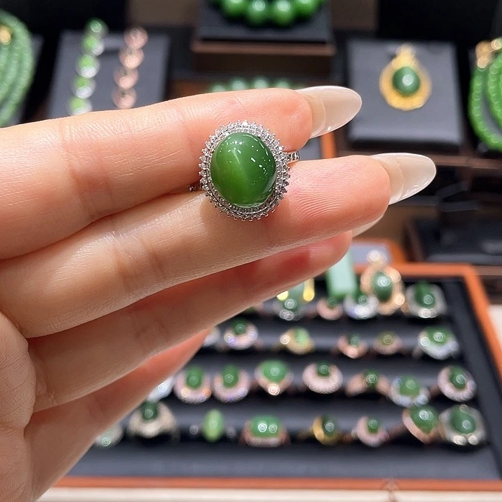 和田玉（碧玉）银S925镀金镶嵌戒指