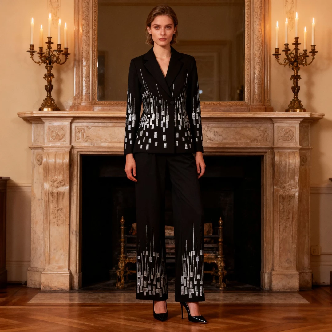 2025法式重工高级感两件套新款亮片领廓形小西装+直筒长裤套装女